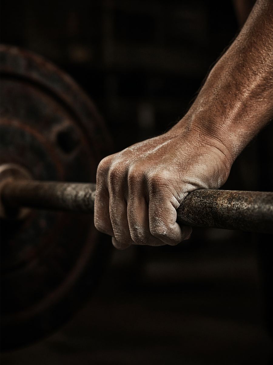 Chalked hands on a barbell