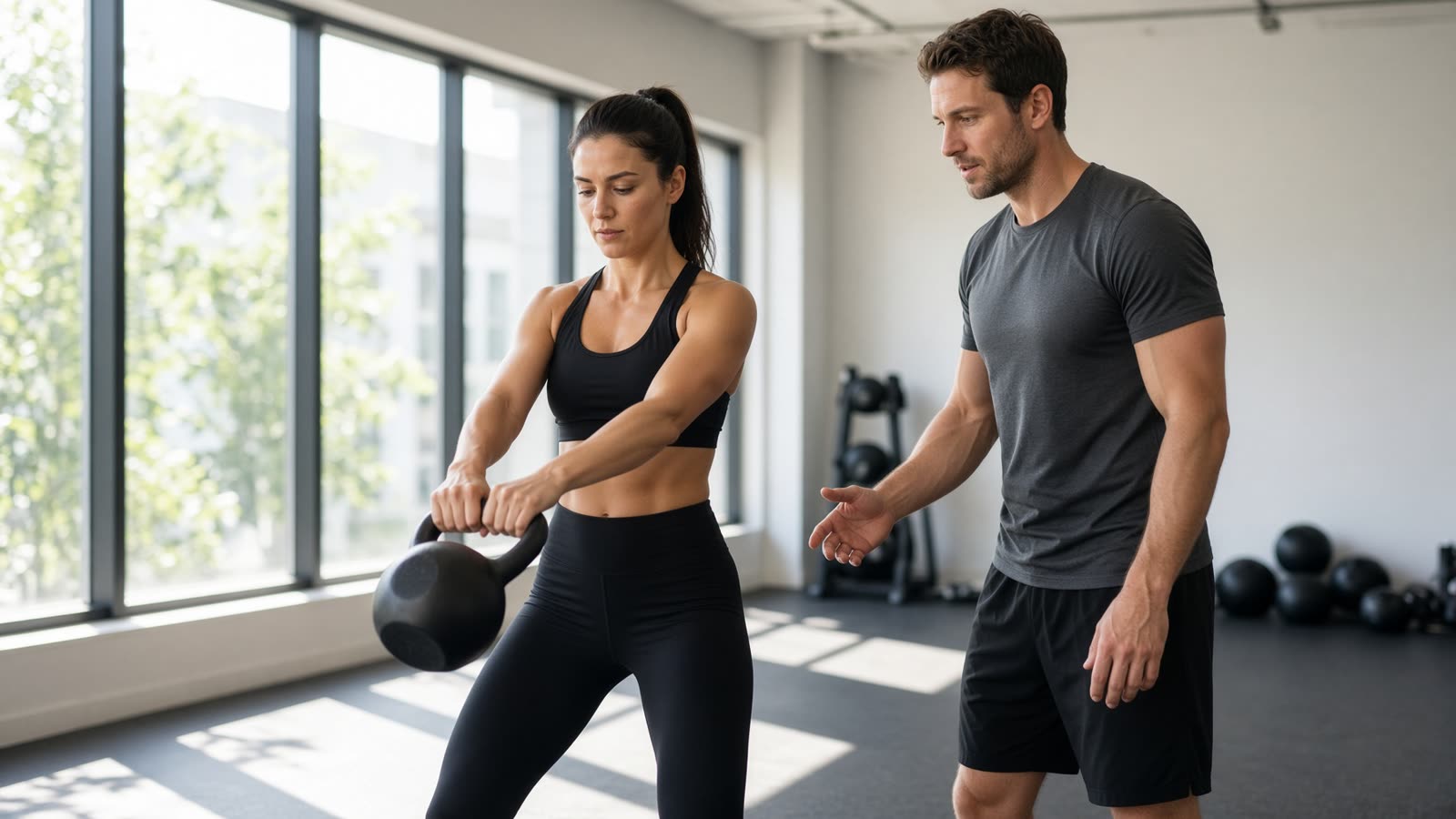 Trainer coaching a kettlebell swing