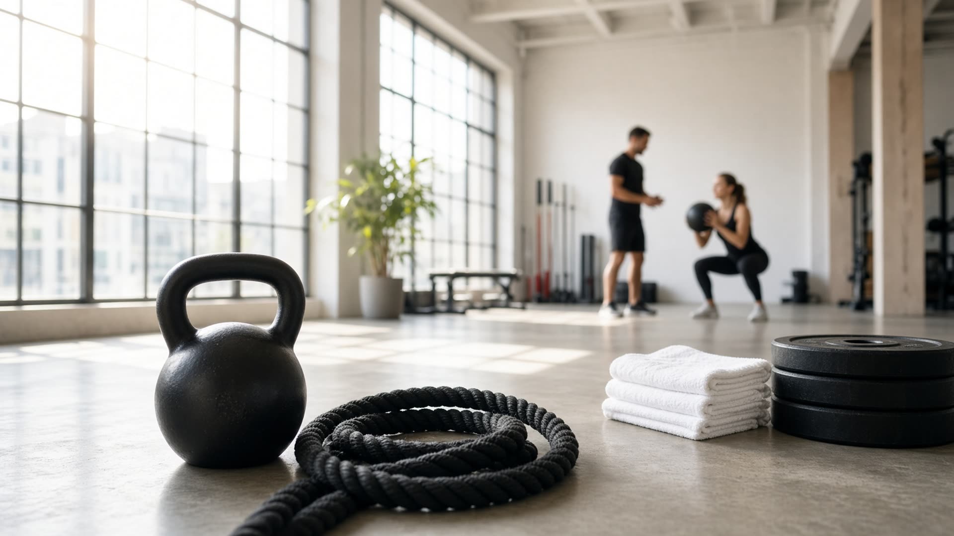Kettlebell on a sunlit gym floor
